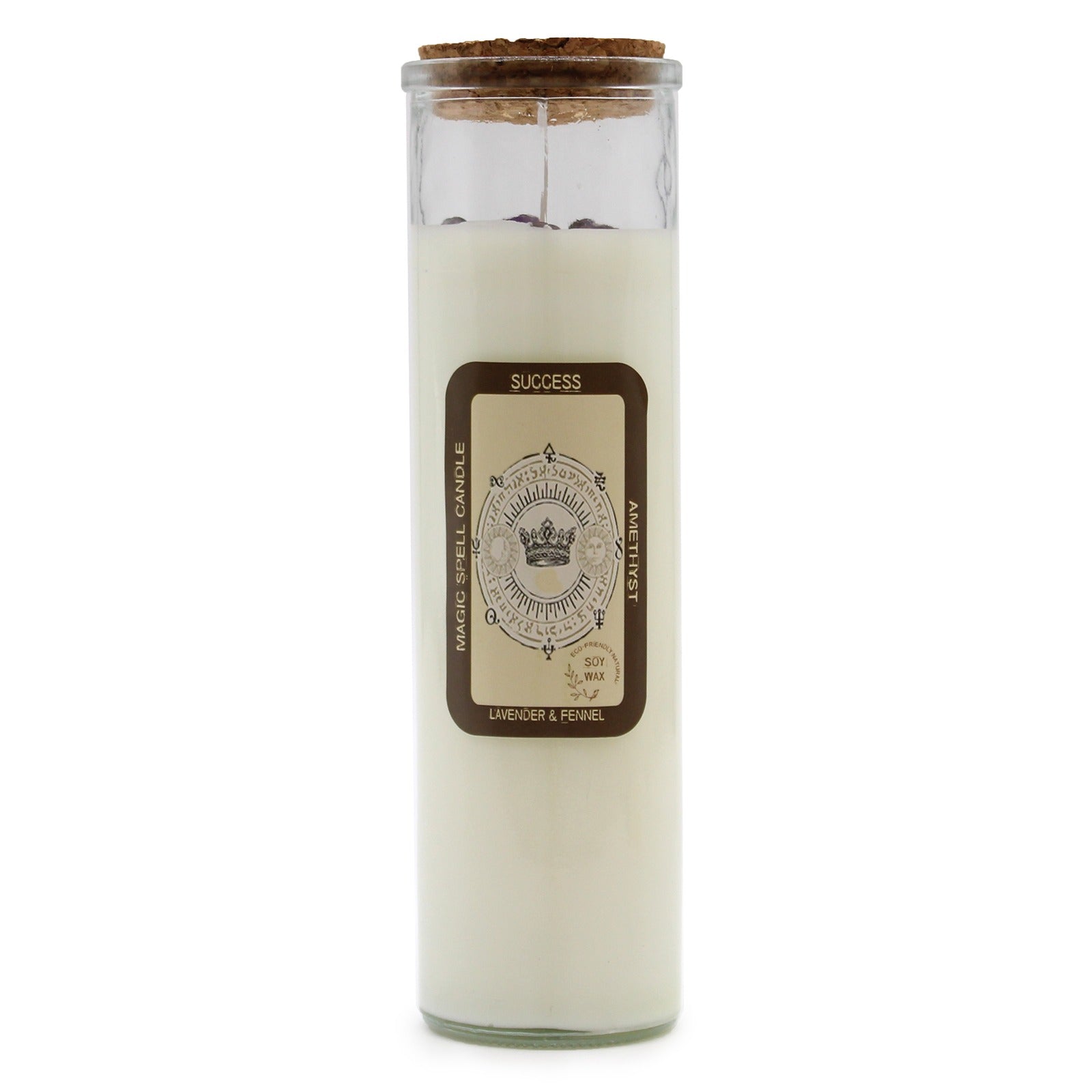A glass jar candle is sealed with a cork. The label says "SUCCESS", "MAGIC SPELL CANDLE", "AMETHYST", and "LAVENDER & FENNEL"