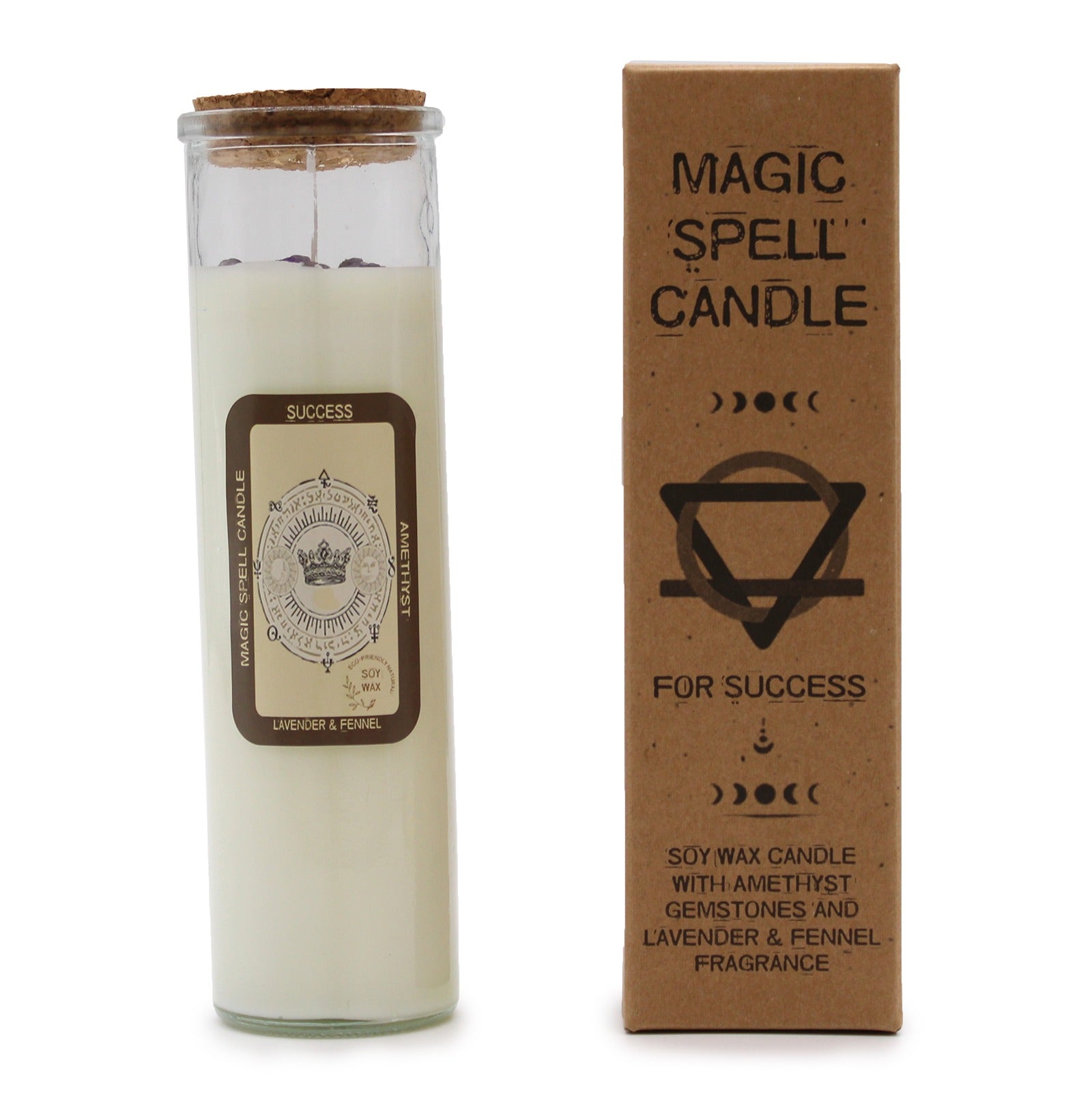 A “Magic Spell Candle” stands with its box. The candle has a label: “SUCCESS, MAGIC SPELL CANDLE, AMETHYST, LAVENDER & FENNEL”. The box reads "MAGIC SPELL CANDLE, FOR SUCCESS, SOY WAX CANDLE WITH AMETHYST GEMSTONES AND LAVENDER & FENNEL FRAGRANCE".