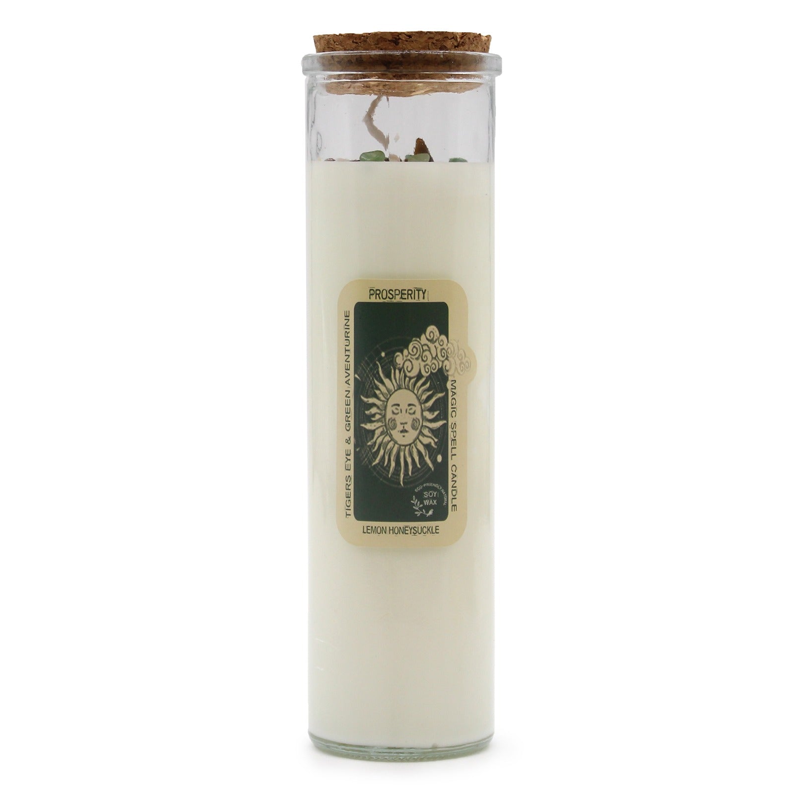 A candle sits on a white surface. The candle is white and in a glass jar with a cork lid. The jar has a sticker reading "PROSPERITY, TIGERS EYE & GREEN AVENTURINE, MAGIC SPELL CANDLE, ECO-FRIENDLY SOY WAX, LEMON HONEYSUCKLE".