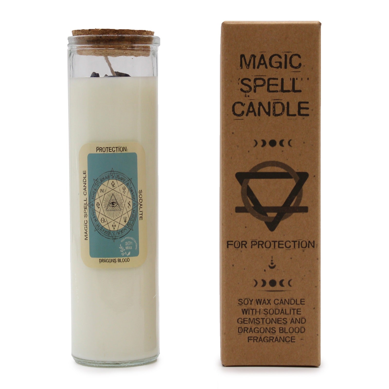 A white candle sits next to its kraft box. The candle reads, "PROTECTION MAGIC SPELL CANDLE...SODALITE...DRAGONS BLOOD." The box reads, "MAGIC SPELL CANDLE...FOR PROTECTION...SOY WAX CANDLE WITH SODALITE GEMSTONES AND DRAGONS BLOOD FRAGRANCE."