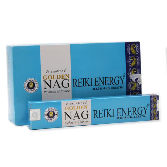 Two rectangular incense boxes, one large and one small, display "Vijayshree Golden Nag Reiki Energy Masala Agarbathi." The blue packaging includes "Richness of Nature" and "Export Quality" labels.