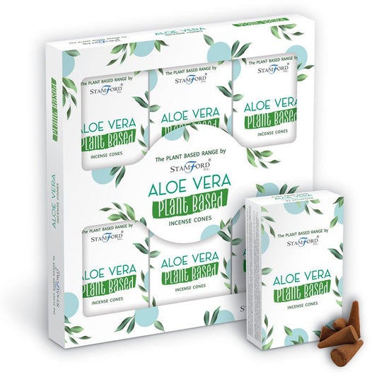 Incense cone packaging labeled "Aloe Vera Plant Based" by Stamford shows multiple boxes with green text and leaf illustrations. Brown incense cones are placed beside the box.
