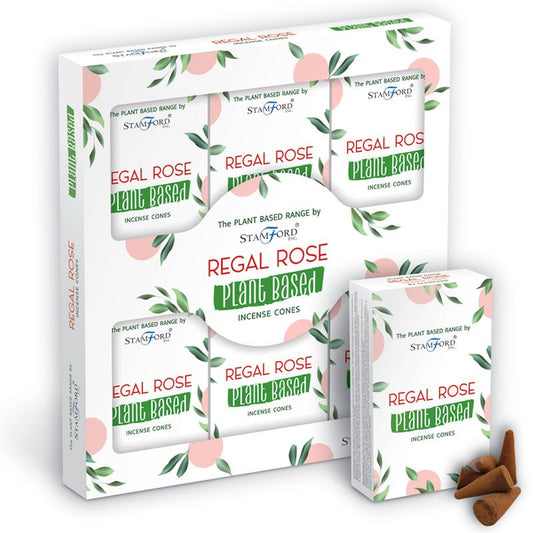 Incense cone packaging features "Regal Rose Plant Based" text on a floral design. Includes a box and individual cones. "The Plant Based Range by Stamford" is also displayed.