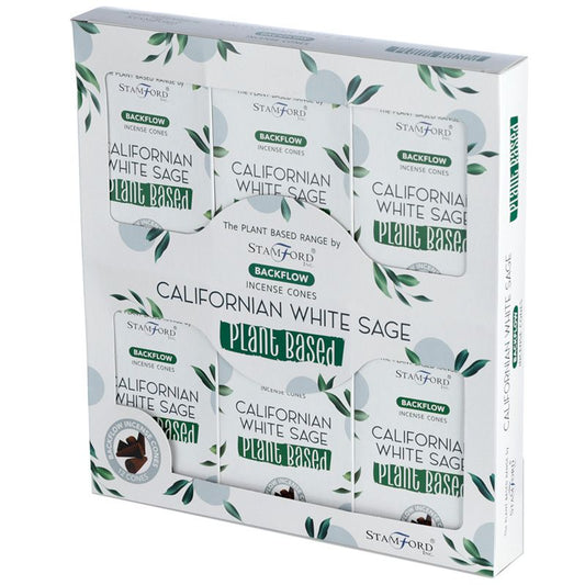 Box of "Californian White Sage" backflow incense cones from Stamford, labeled "Plant Based." The packaging features green leaf graphics, emphasizing a natural theme.
