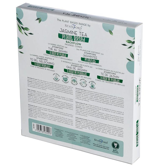 Box featuring "THE PLANT BASED RANGE by STAMFORD" and "JASMINE TEA PLANT BASED BACKFLOW INCENSE CONES" text, surrounded by decorative leaves. Detailed product information is written in multiple languages.