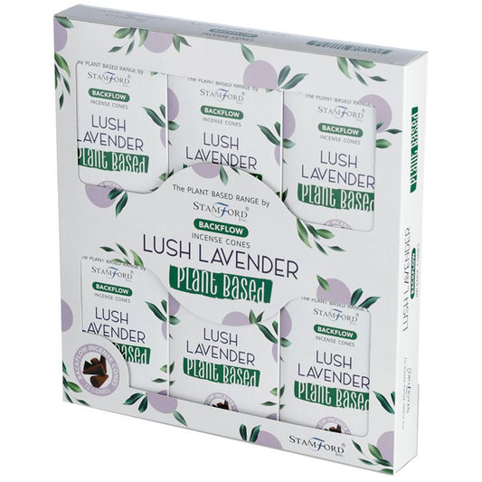 A rectangular package displays multiple boxes labeled "LUSH LAVENDER PLANT BASED" with backflow incense cones by Stamford. The design features lavender and green leaves, emphasizing a natural theme.