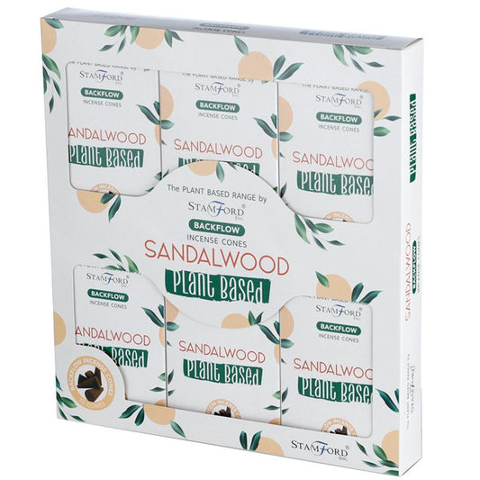 Box containing six packs of Stamford sandalwood backflow incense cones, labeled "Plant Based Range," decorated with green leaves and circular orange accents against a white background.