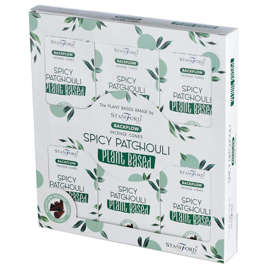 Box of Stamford Spicy Patchouli backflow incense cones arranged neatly, featuring green leaf graphics and labeled as plant-based. Text includes: "BACKFLOW INCENSE CONES," "SPICY PATCHOULI," "PLANT BASED," "12 CONES."