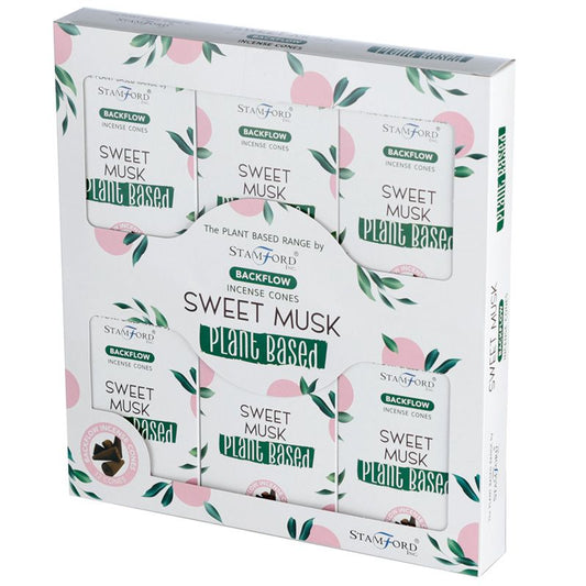 A white packaging box of Stamford Backflow Incense Cones featuring "SWEET MUSK" text. It is labeled as "plant based" with pink and green floral designs on the background.