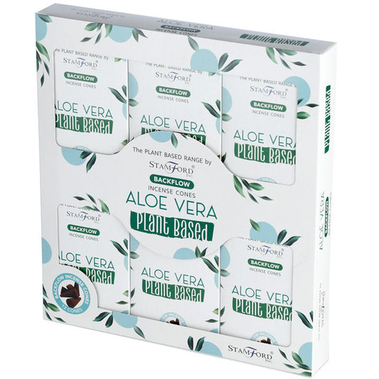 Box containing multiple packages of backflow incense cones labeled "Aloe Vera Plant Based" by Stamford. The packages feature green leaf designs and text: "The Plant Based Range by Stamford Incense Cones."