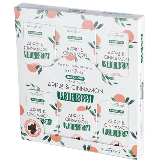 Incense packaging displaying "Stamford Backflow Incense Cones" with apple and cinnamon scent. Labeled "Plant Based" and features fruit illustrations. Contains multiple boxes; text highlights plant-based range.