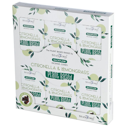 Box containing packs of citronella and lemongrass backflow incense cones; labeled "The Plant Based Range by Stamford," decorated with leaf designs, highlighting "Plant Based" products.