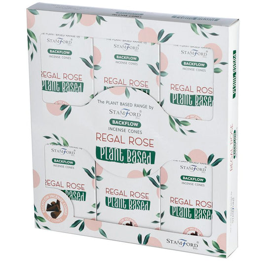 The package contains "Stamford Backflow Incense Cones" labeled "Regal Rose Plant Based." The design features green leaves and pink circles, presenting a natural theme. Brand logos and various texts are visible.