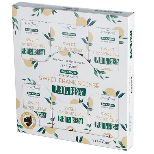 Box containing five packs of Stamford Backflow Incense Cones labeled "Sweet Frankincense." Text includes "The Plant Based Range," "12 Cones," and decorative leaf and circle patterns.
