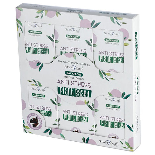 A package titled "Stamford Backflow Incense Cones" featuring "Anti Stress Plant Based" cones. The design includes green leaves and purple circles, indicating a calming theme.