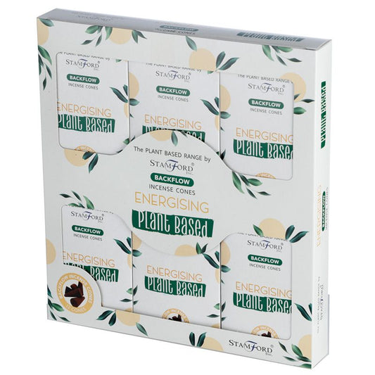 Box of Stamford Energising Plant Based Backflow Incense Cones, featuring botanical illustrations. Text reads: “The PLANT BASED RANGE by STAMFORD INC. BACKFLOW INCENSE CONES ENERGISING plant based."