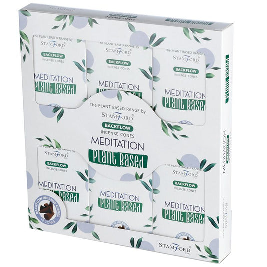 Incense cone packaging features "The Plant Based Range by Stamford," "Backflow Incense Cones," and "Meditation Plant Based" text. Displayed against a leaf-themed background. Contains twelve cones per pack.