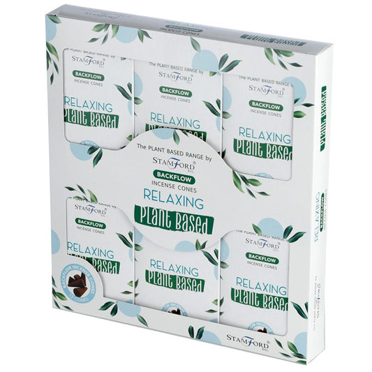 Box of "RELAXING PLANT BASED" incense, featuring leaf designs and labeled "BACKFLOW INCENSE CONES" by STAMFORD. Text reads "THE PLANT BASED RANGE" and displays individual cone packaging through cutouts.