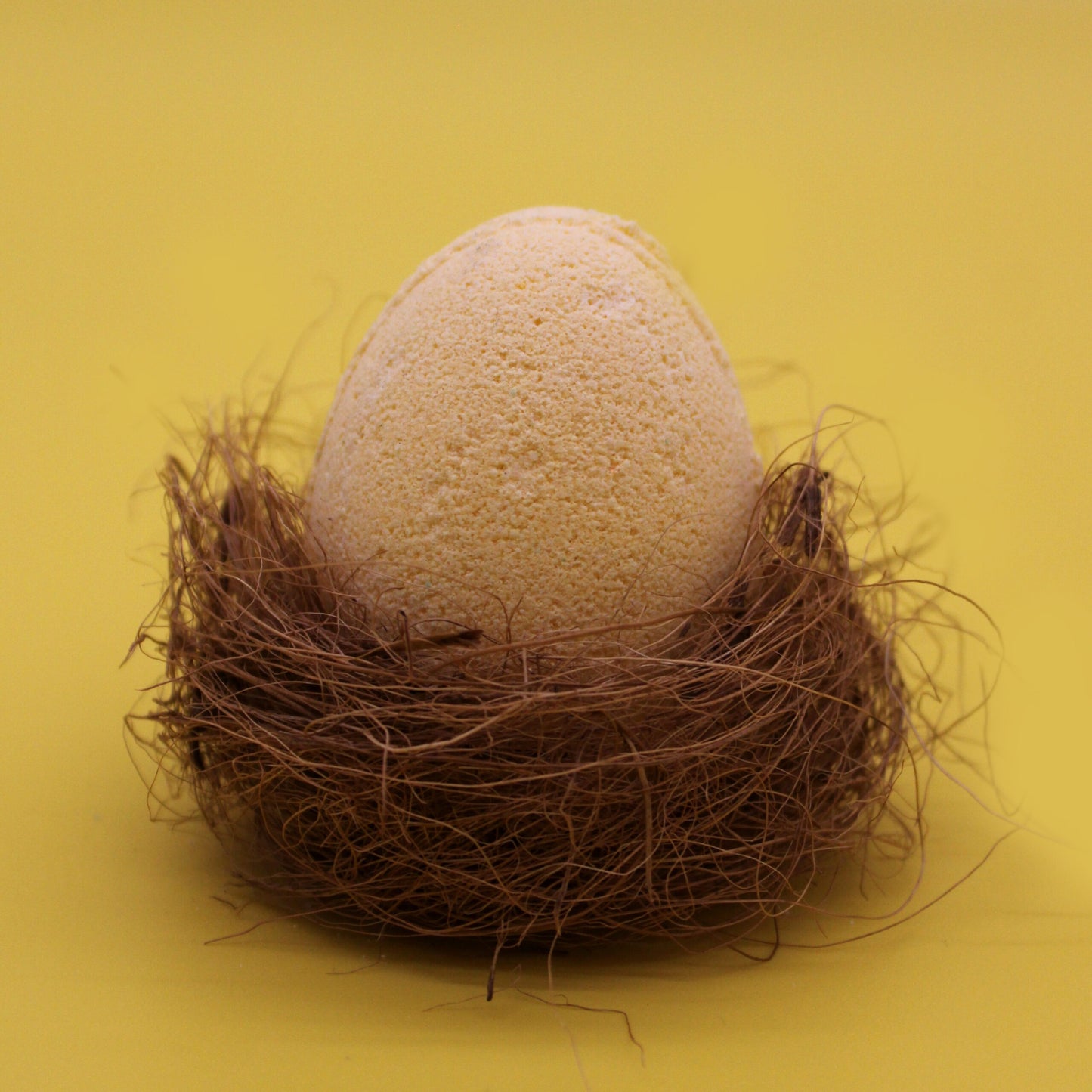 A textured beige egg rests in a nest of thin, brown fibers against a solid yellow background.