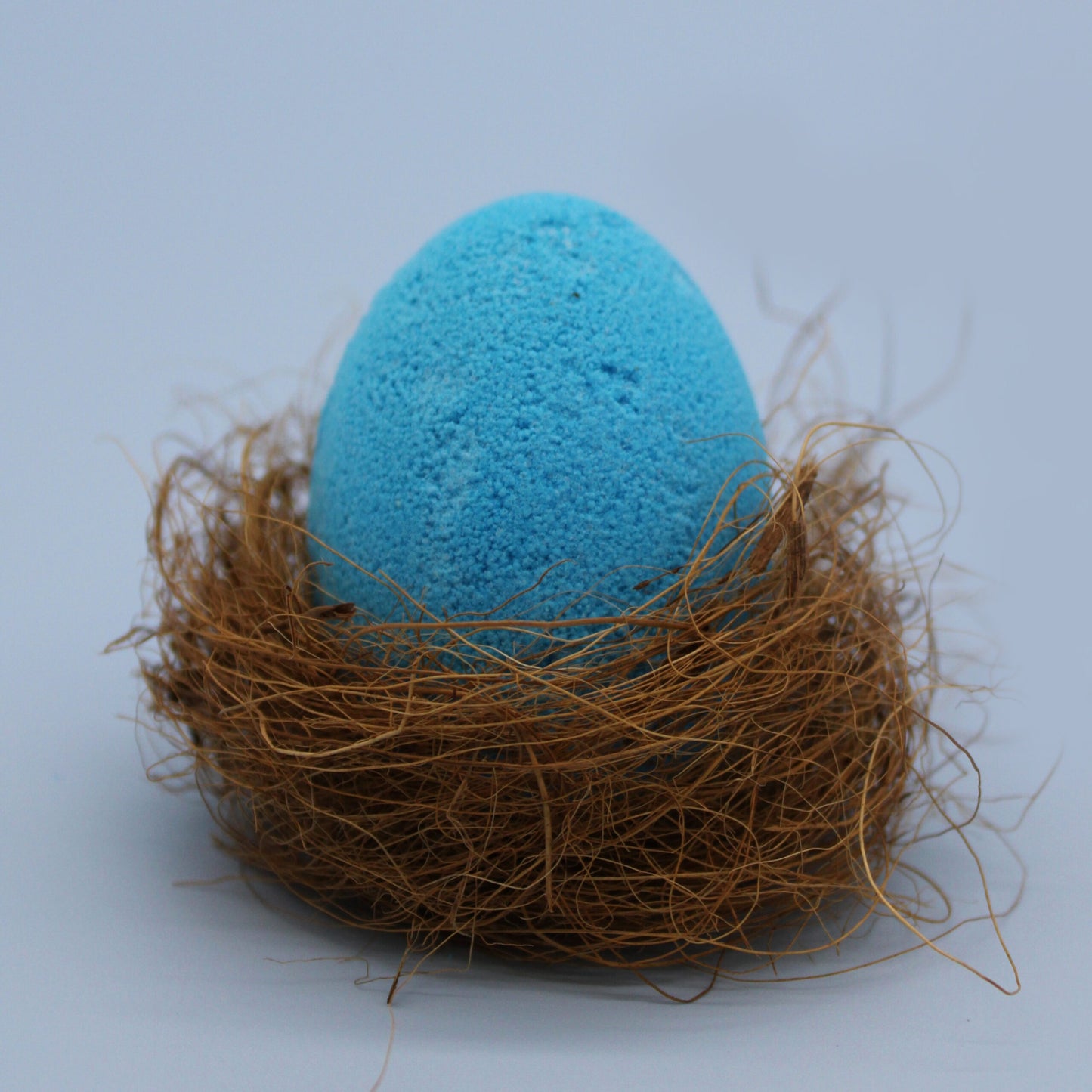 A blue textured egg is resting in a small, tangled nest, set against a plain, light background.