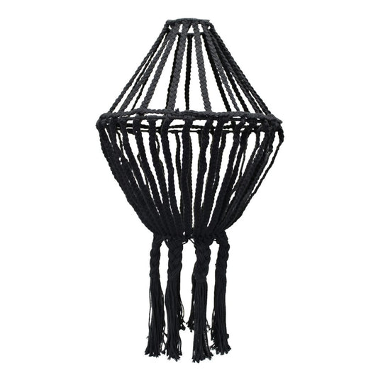 A black, braided rope lampshade hangs; its design features a woven top and tassels below. The setting is a plain white background.