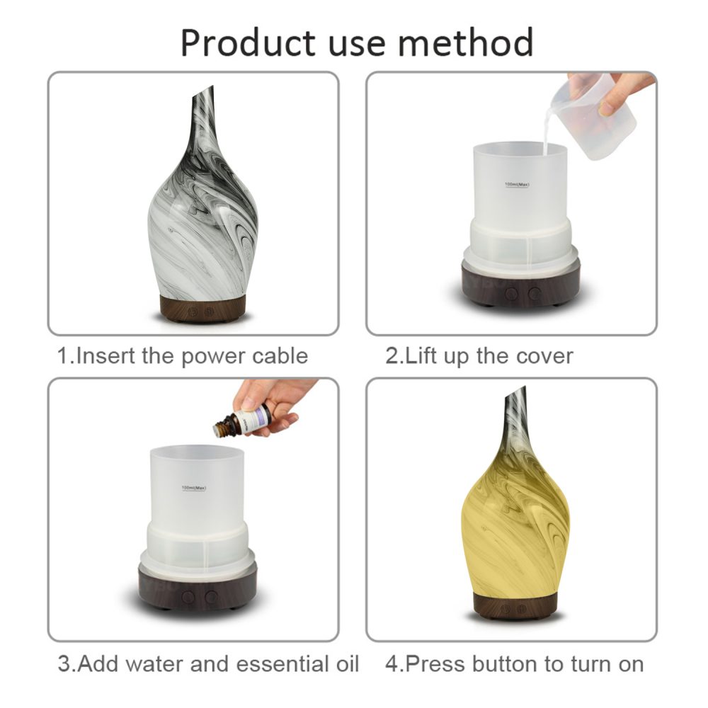 Four images show the steps for using an essential oil diffuser; “Product use method." The first shows the whole device and the next three show adding water, oil, then turning on the device.
Text:
1. Insert the power cable
2. Lift up the cover
3. Add water and essential oil
4. Press button to turn on