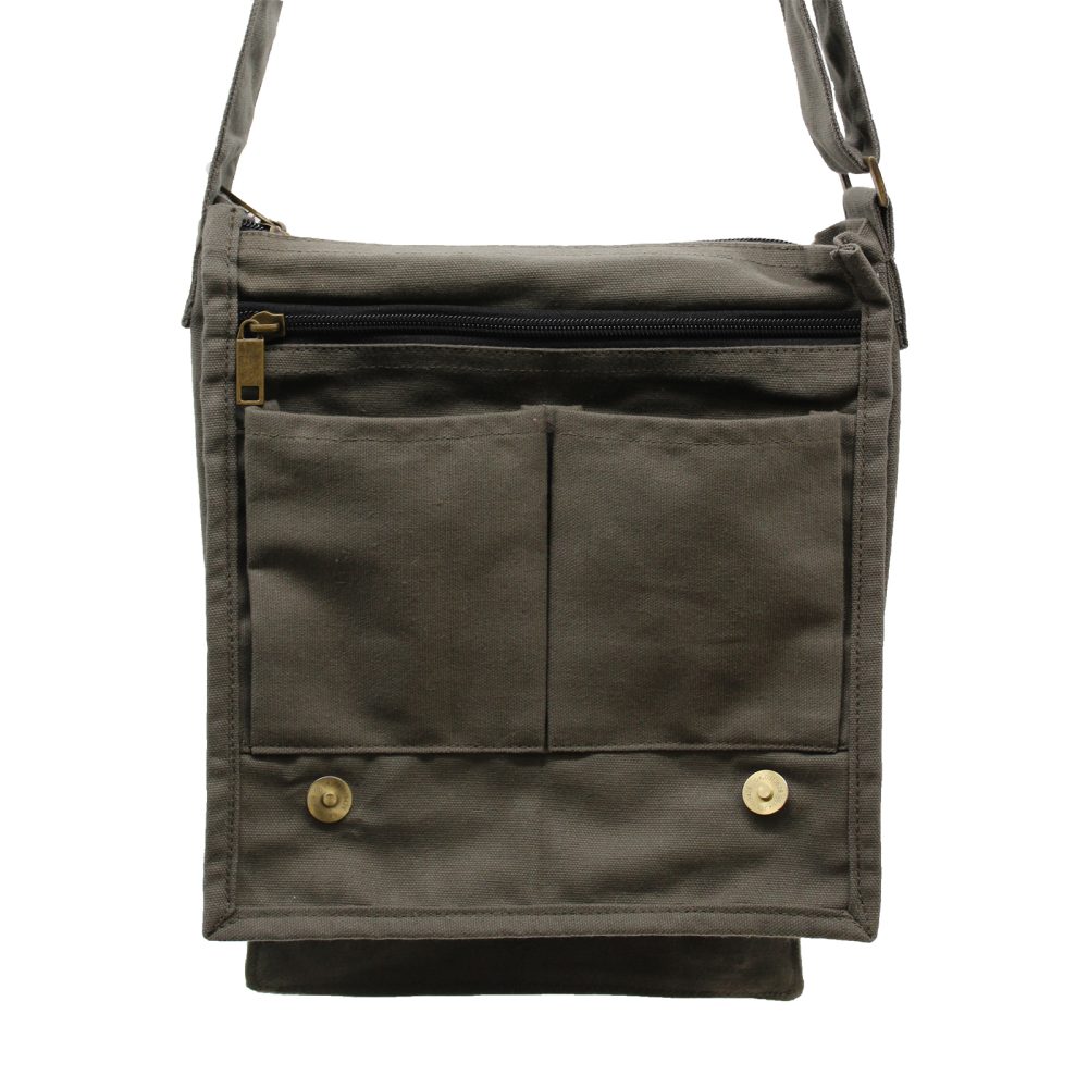 A khaki canvas messenger bag hangs suspended against a white background. It features two front pockets, a zippered top closure, and a shoulder strap.