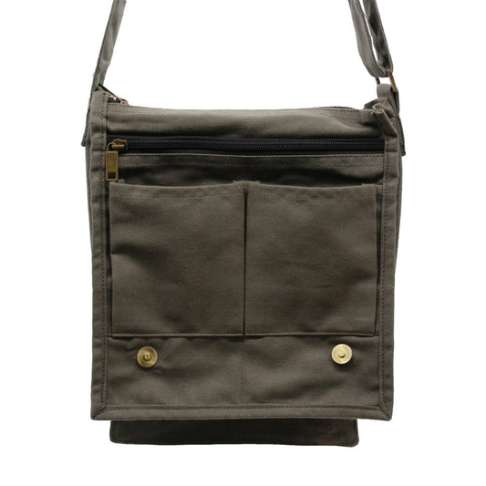 A khaki canvas messenger bag hangs suspended against a white background. It features two front pockets, a zippered top closure, and a shoulder strap.