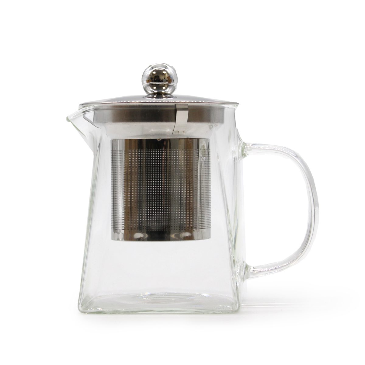 A clear glass teapot with a stainless steel infuser and lid, featuring a round knob and a curved handle, is set against a plain white background.