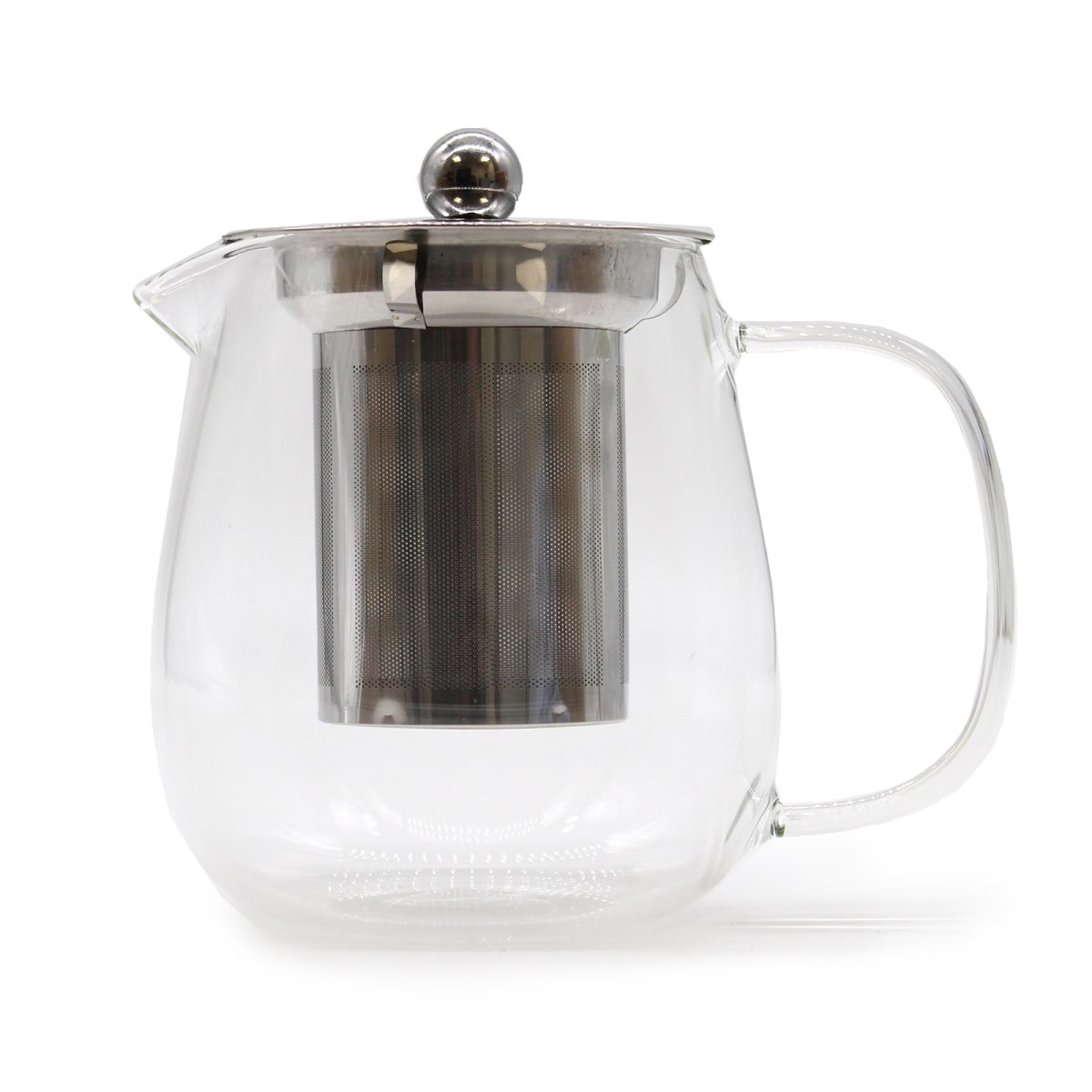 A clear glass teapot contains a stainless steel infuser and a metal lid with a round handle. The teapot has a curved spout and handle, set against a plain white background.