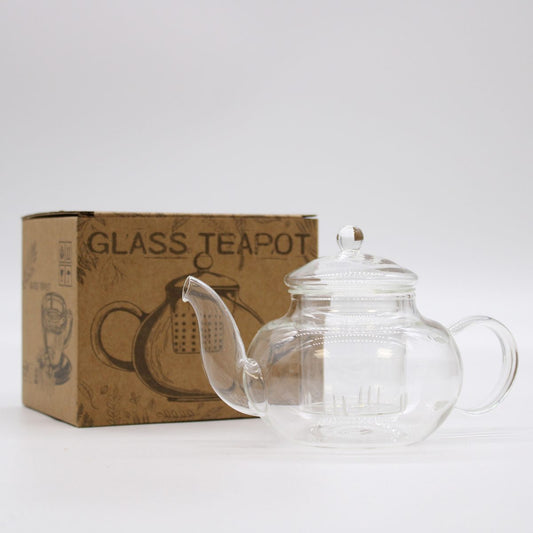 A transparent glass teapot sits in front of a brown box labeled "GLASS TEAPOT," featuring an illustration of the teapot. The environment is a plain white surface.