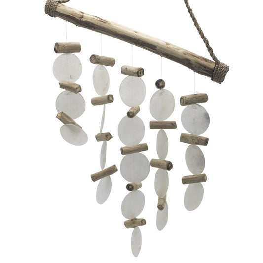 A wooden bar hangs from a rope, suspending multiple strands of white, circular shell pieces interspersed with small, light brown wooden dowels.
