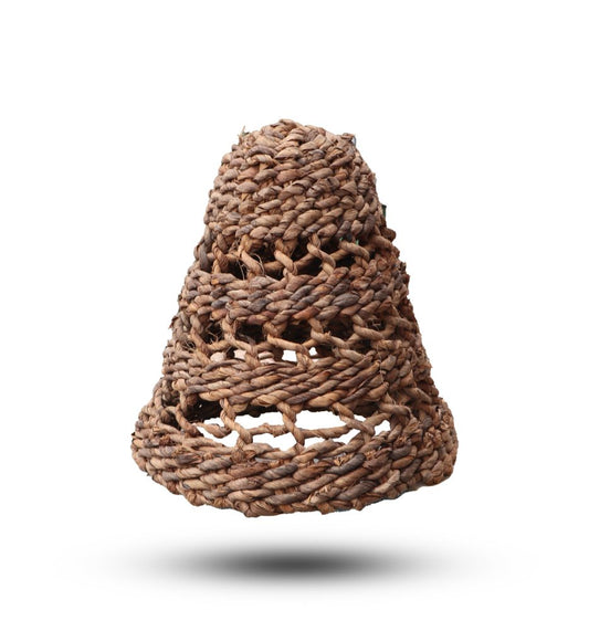 A woven, bell-shaped basket hangs against a white background. The basket is made of brown, fibrous material.