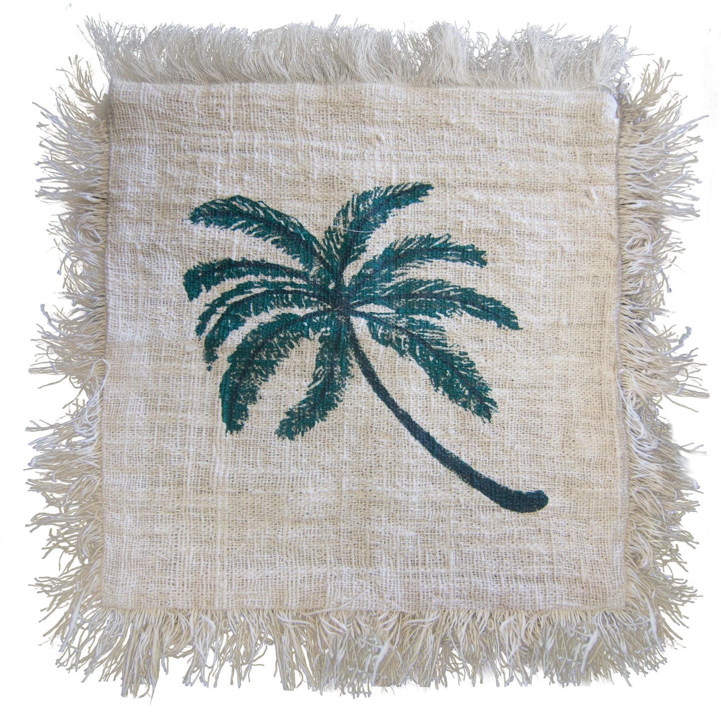 A square textile displays a teal palm tree. The fabric has a frayed, off-white border. The background is a light beige woven material.