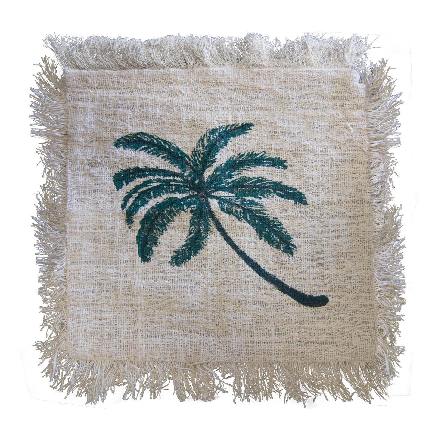 A square, off-white fabric coaster with a dark-green palm tree design is shown against a white background. The coaster has a frayed edge.