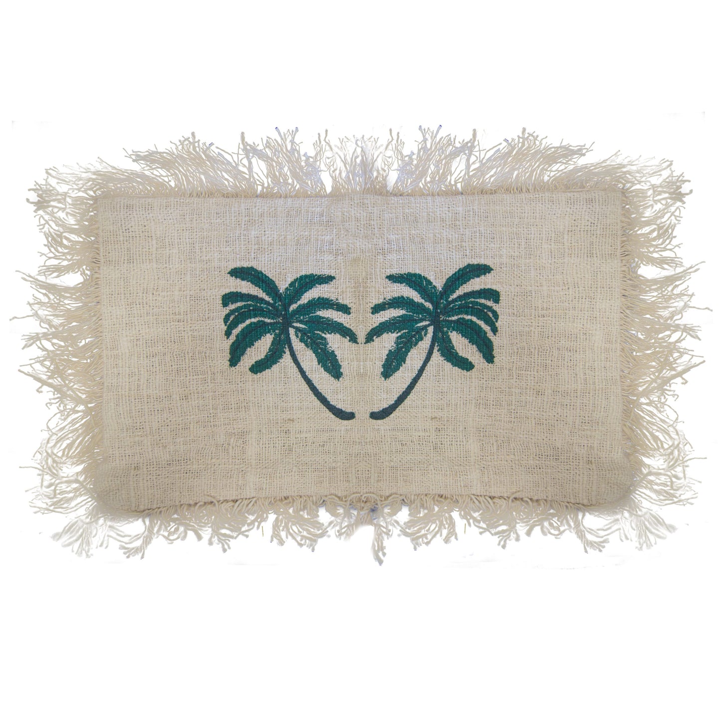 A rectangular beige fabric cushion, fringed, displays embroidered green palm trees. It is presented against a white background.
