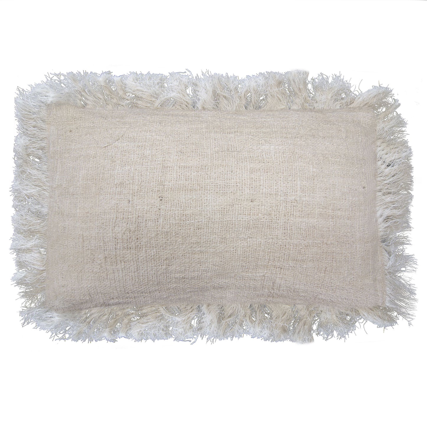 A beige rectangular cushion with a frayed border is presented against a white background.
