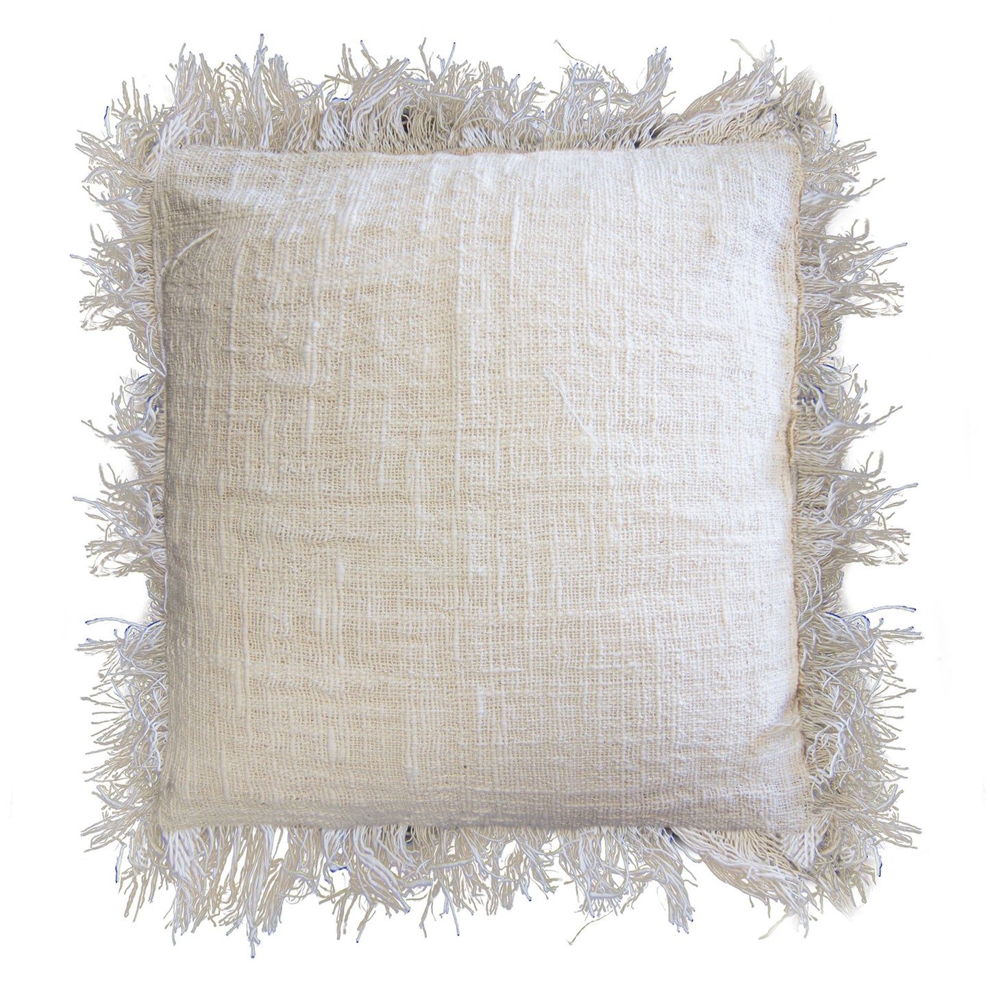 A square off-white cushion with a frayed border is presented against a white background.