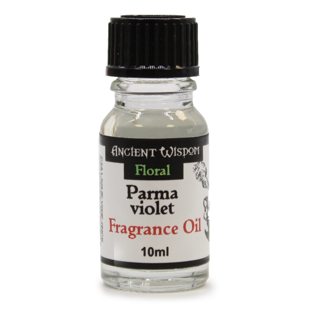 A small, clear glass bottle containing Parma violet fragrance oil sits on a white background. The bottle has a black cap and a label reading: "ANCIENT WISDOM Floral Parma violet Fragrance Oil 10ml".