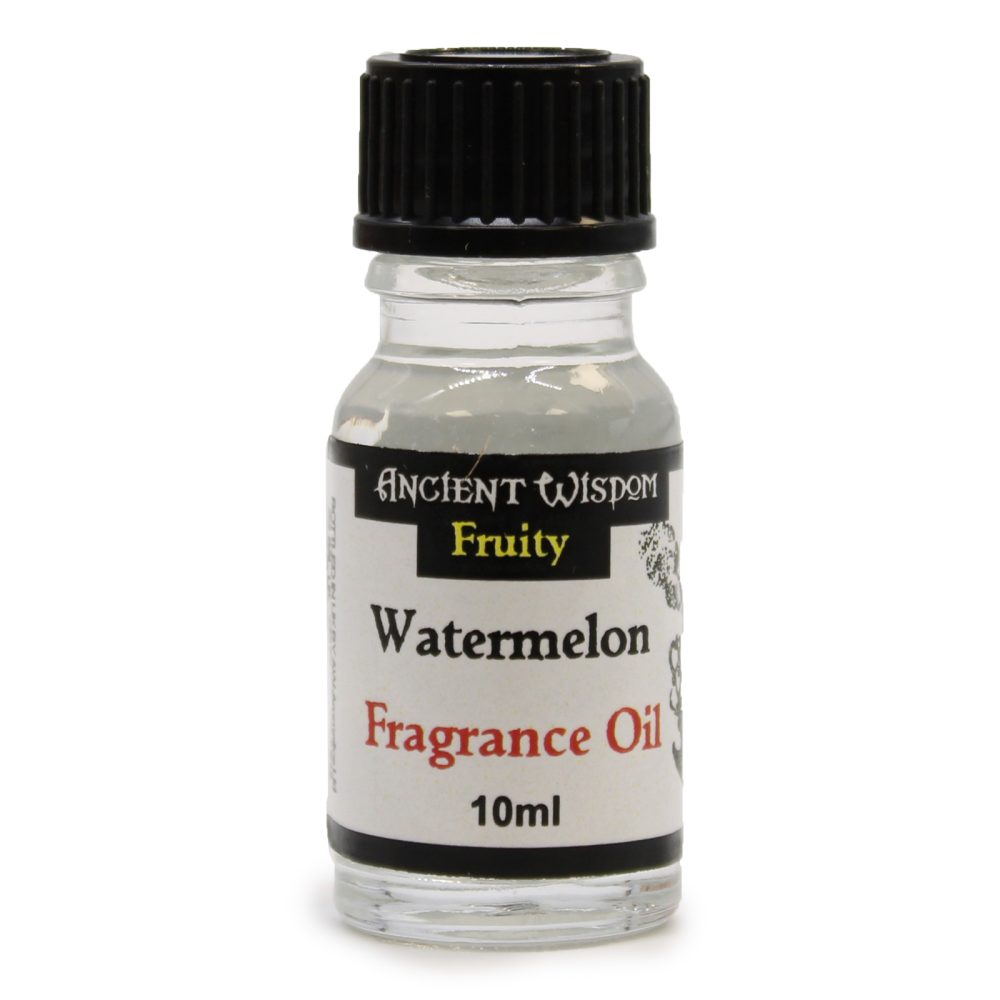 A small, clear glass bottle of Ancient Wisdom Watermelon Fragrance Oil (10ml) sits on a white background. The bottle has a black cap. "Fruity" is printed on the label.