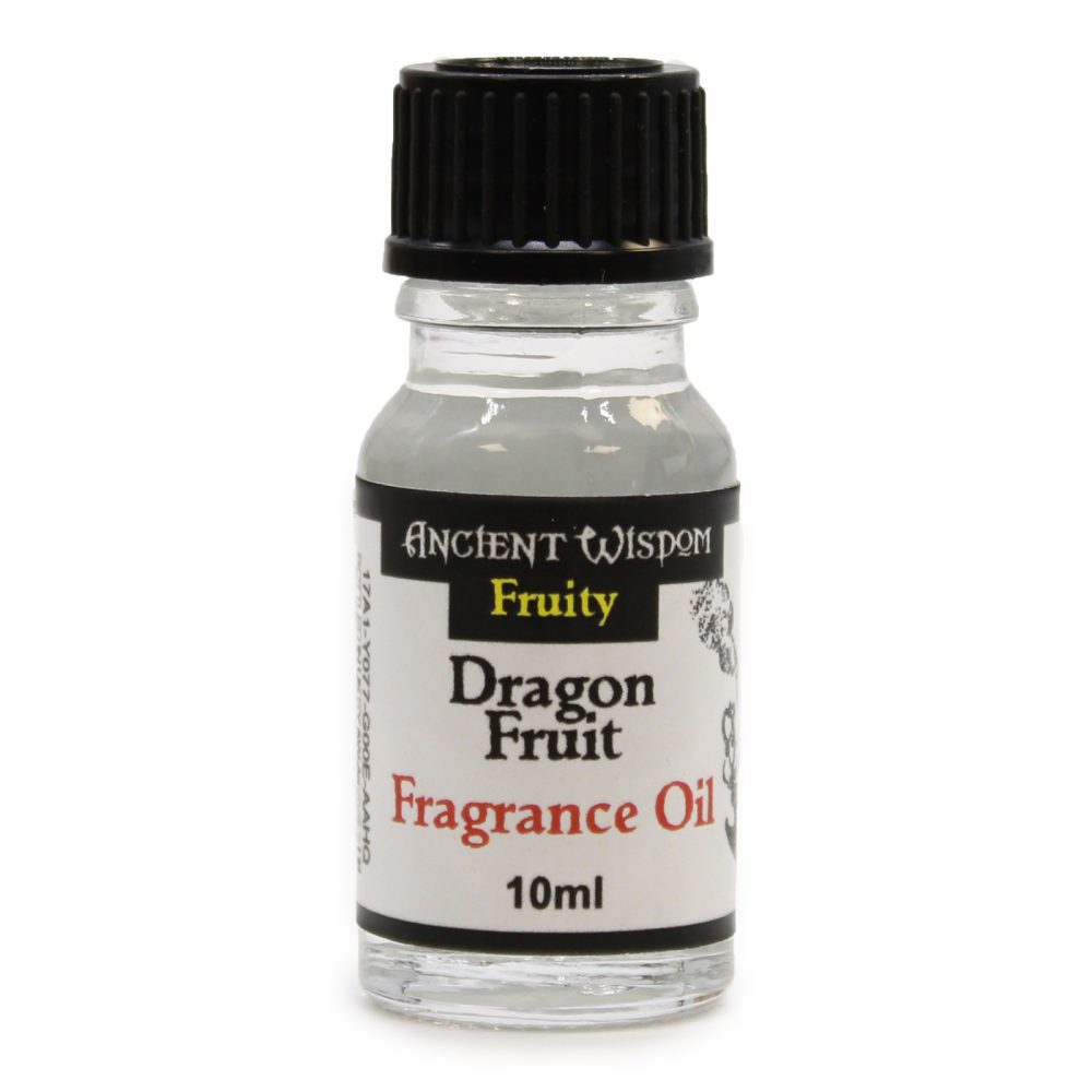 A small, clear glass bottle with a black cap contains a 10ml quantity of Ancient Wisdom Fruity Dragon Fruit Fragrance Oil. It sits on a white background.