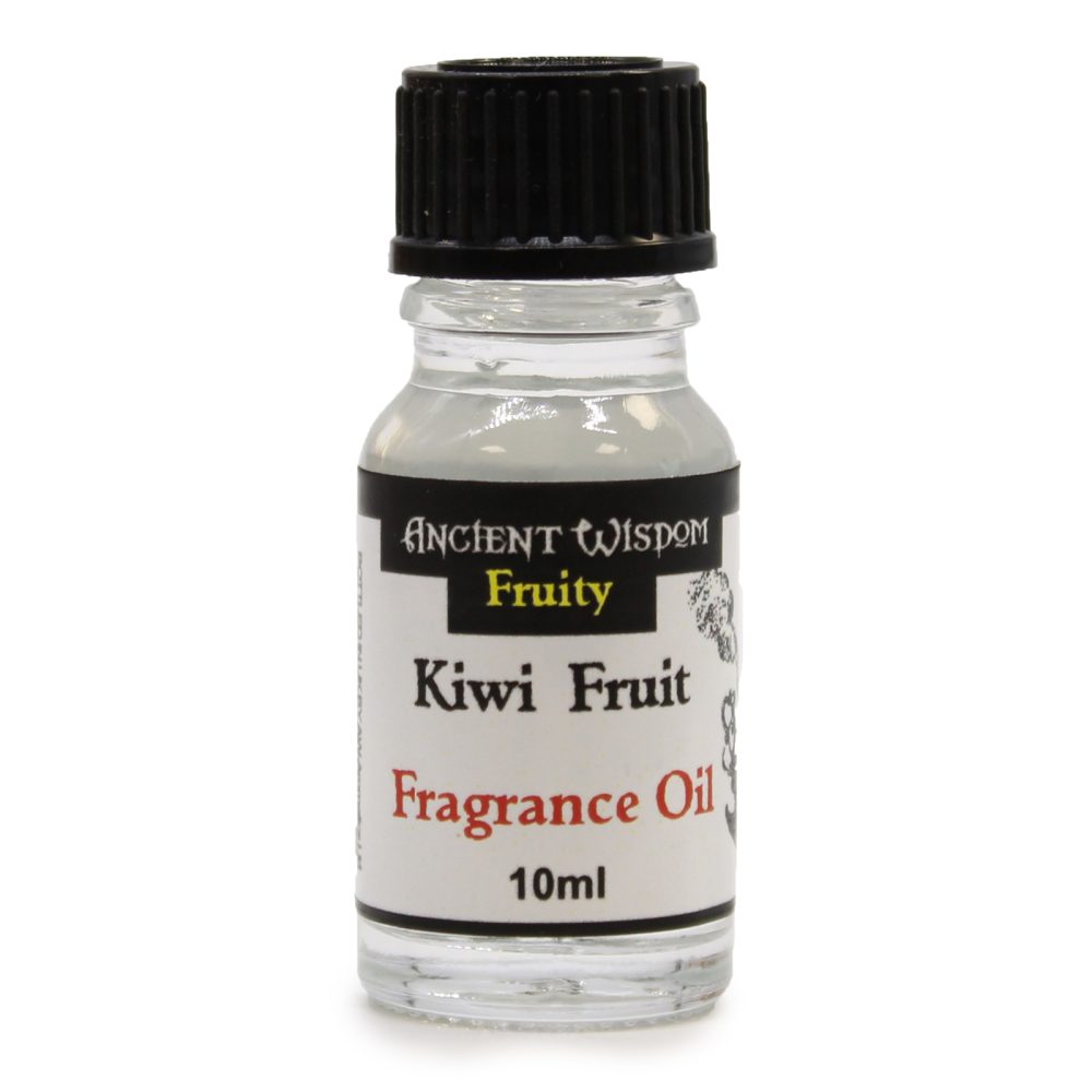 A small, clear glass bottle of Ancient Wisdom Fruity Kiwi Fruit Fragrance Oil (10ml) sits on a white background. The bottle has a black cap.