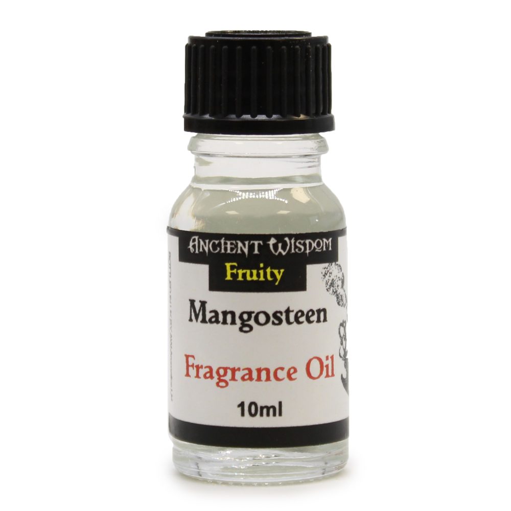 A small, clear glass bottle of Mangosteen Fragrance Oil (10ml) sits on a white background. The black cap and label identify it as a fruity scent from "Ancient Wisdom".