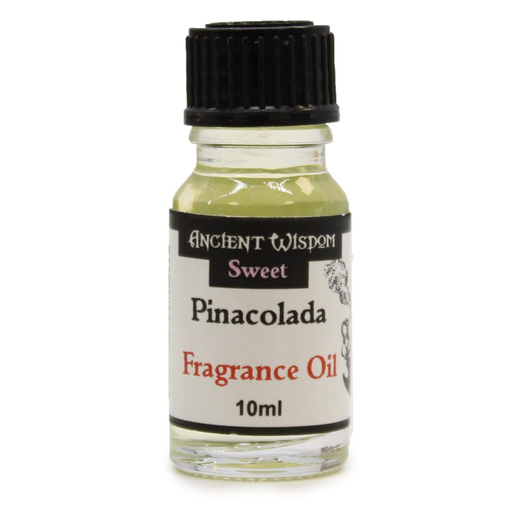 A small, clear glass bottle containing light yellow liquid sits on a white background. The bottle has a black cap and a label that reads: "ANCIENT WISDOM Sweet Pinacolada Fragrance Oil 10ml".