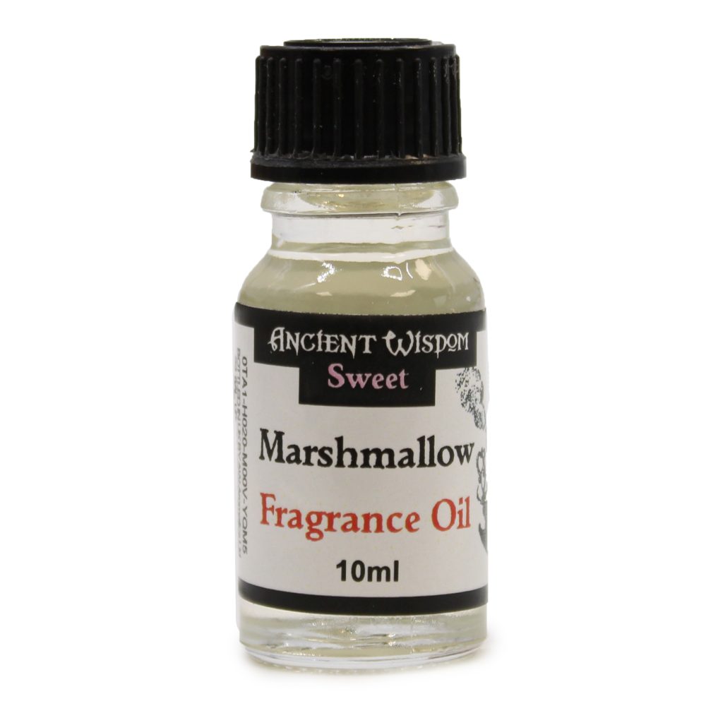 A small, clear glass bottle containing a light-colored liquid sits on a white background. The bottle has a black cap and a label that reads: "ANCIENT WISDOM Sweet Marshmallow Fragrance Oil 10ml".