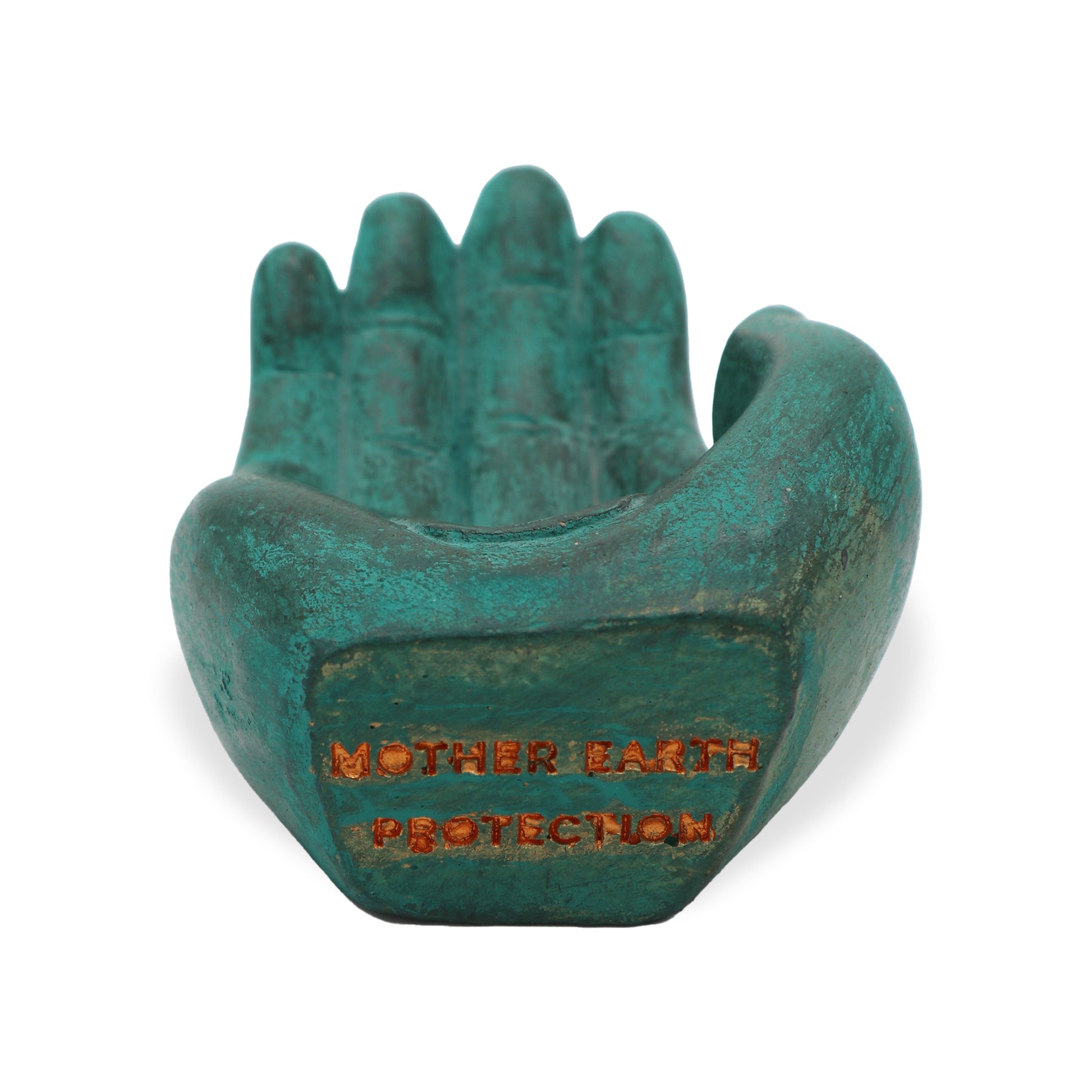 A sculpted green hand rests open, palm up, against a plain white background. The base features engraved text: "MOTHER EARTH PROTECTION."