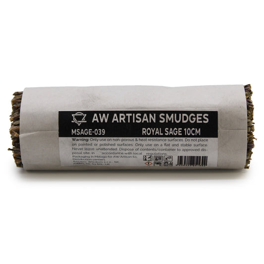 A bundle of dried Royal Sage, 10cm long, is rolled in light grey paper. The label indicates usage instructions and warnings.