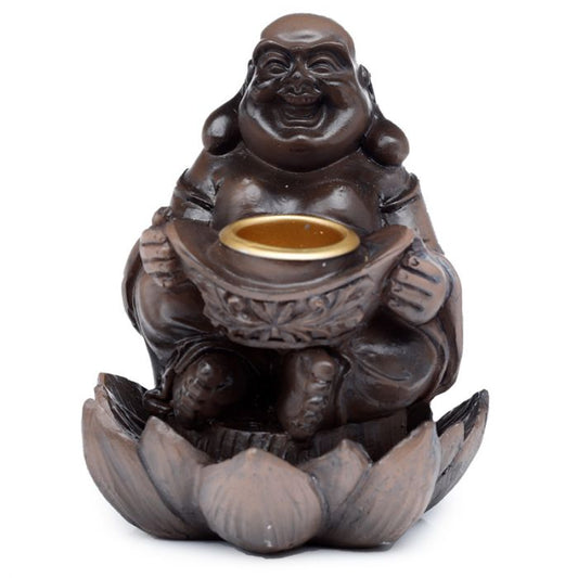 A statue features a laughing Buddha holding an ornate bowl, acting as a candle holder. It sits on a lotus-shaped base, symbolizing serenity and spiritual enlightenment.