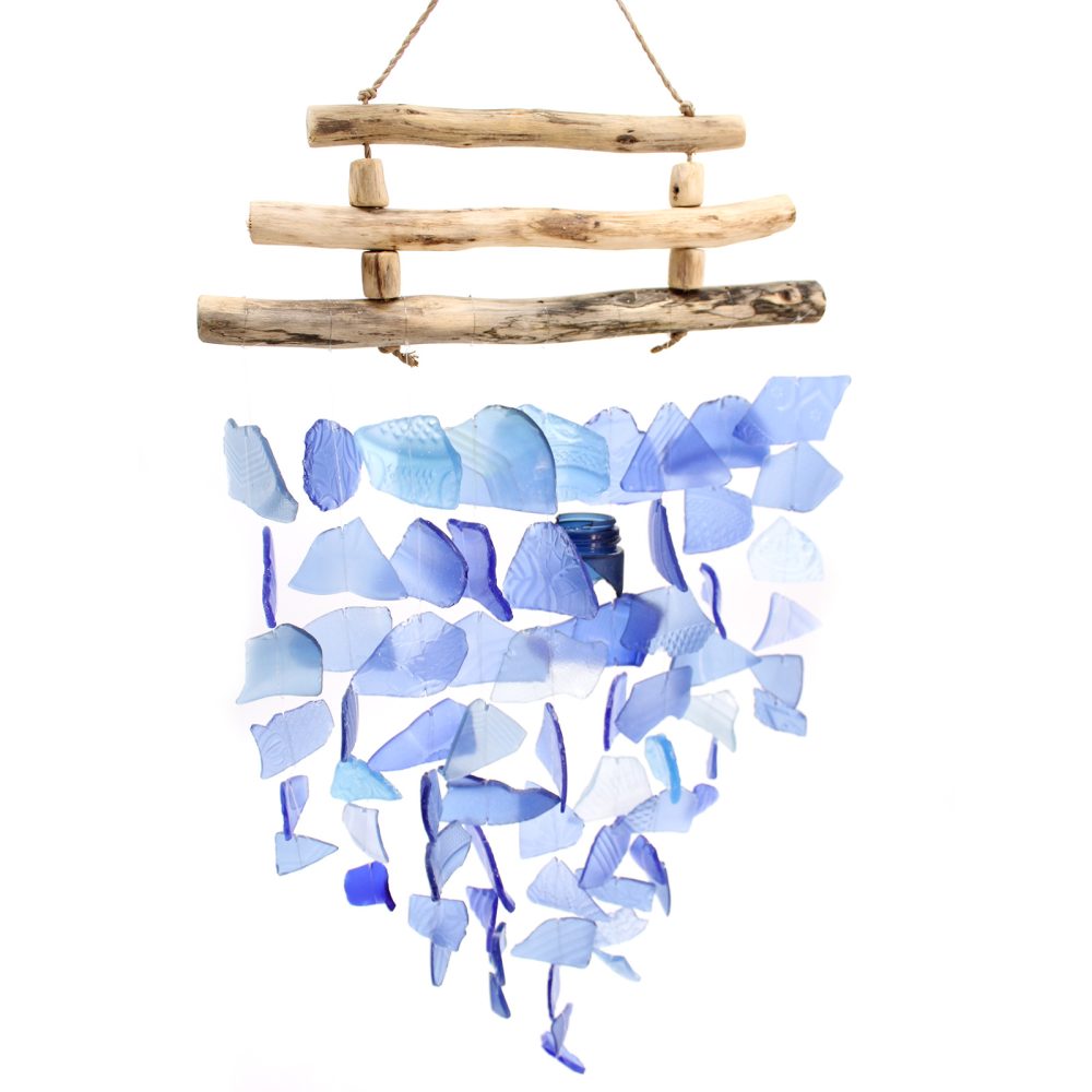 A wind chime hangs against a white background. It comprises a wooden frame and numerous light and dark blue glass shards.