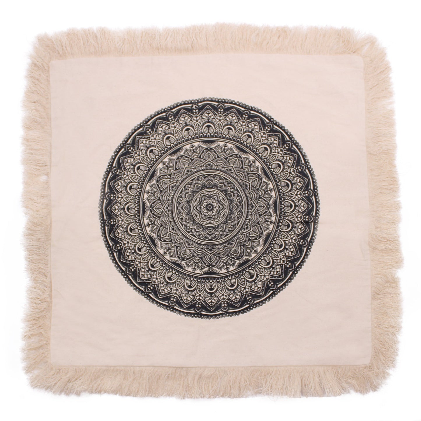 A beige textile features a central, black mandala design. The textile is square with a fringe border.